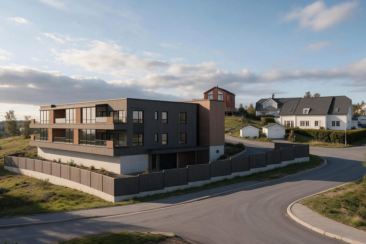 Adkomsten fra Flisnesvegen, med innkjøringen til parkeringskjelleren