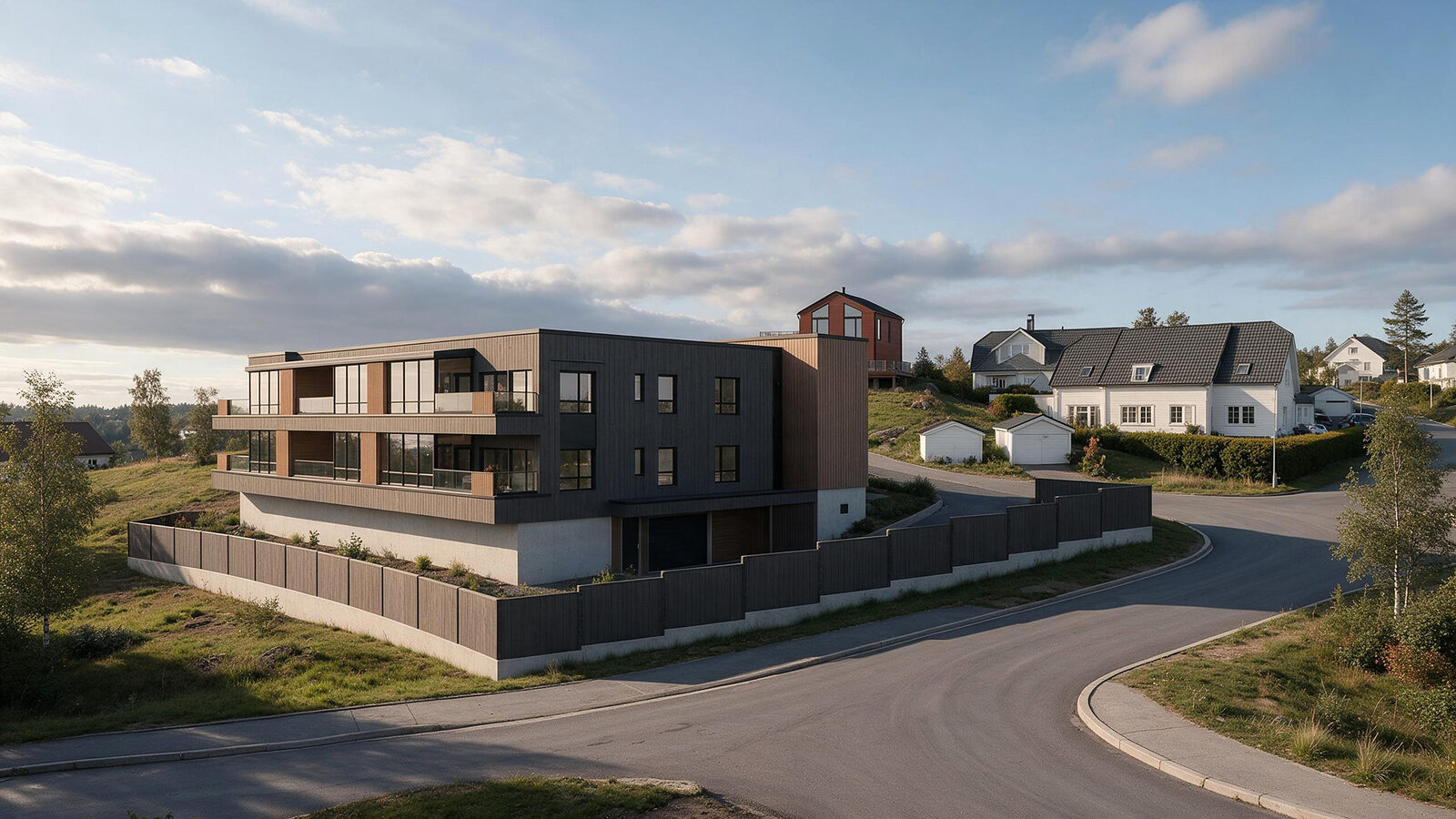 Tunvoll Panorama sett fra Flisnesvegen, med innkjøringen til parkeringskjelleren
